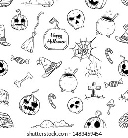 Seamless Pattern Cute Halloween Elements With Hand Drawn Style