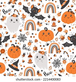 Seamless pattern with cute halloween elements, ghosts, pumpkins, hats, bats, rainbows and flowers. Vector illustration.