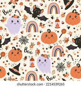 Seamless pattern with cute halloween elements, ghosts, pumpkins, hats, bats, rainbows and flowers. Vector illustration.