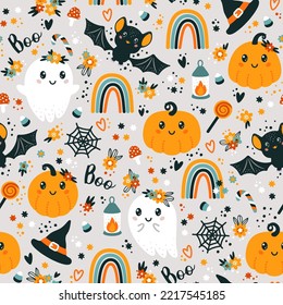 Seamless pattern with cute halloween elements, ghosts, pumpkins, hats, bats, rainbows and flowers. Vector illustration.