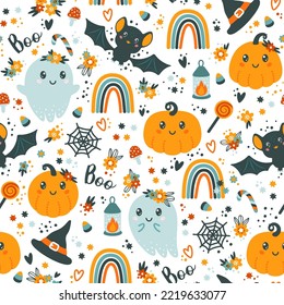 Seamless pattern with cute halloween elements, ghosts, pumpkins, hats, bats, rainbows and flowers. Vector illustration.