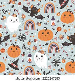Seamless pattern with cute halloween elements, ghosts, pumpkins, hats, bats, rainbows and flowers. Vector illustration.