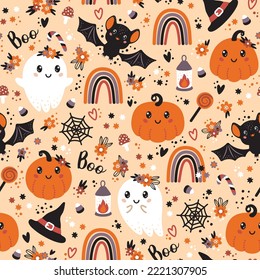 Seamless pattern with cute halloween elements, ghosts, pumpkins, hats, bats, rainbows and flowers. Vector illustration.