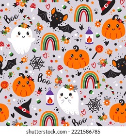 Seamless pattern with cute halloween elements, ghosts, pumpkins, hats, bats, rainbows and flowers. Vector illustration.