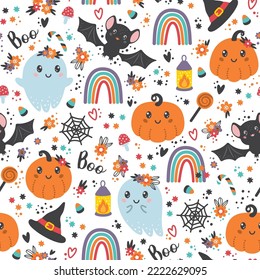 Seamless pattern with cute halloween elements, ghosts, pumpkins, hats, bats, rainbows and flowers. Vector illustration.