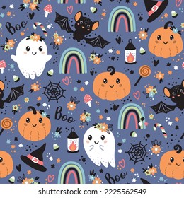 Seamless pattern with cute halloween elements, ghosts, pumpkins, hats, bats, rainbows and flowers. Vector illustration.