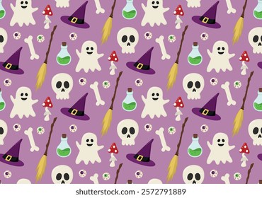 Seamless pattern with cute Halloween elements. Funny background with ghosts, skulls, bones, witch's hat, mushroom, potion, broom, eyeball