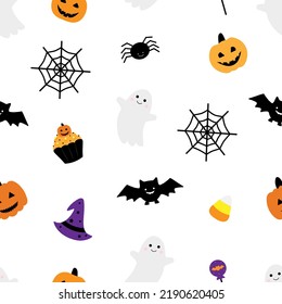 Seamless pattern Cute Halloween Ghost pumpkin bat cat vector illustration