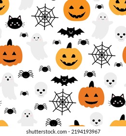 Seamless pattern Cute Halloween Ghost pumpkin bat cat vector illustration