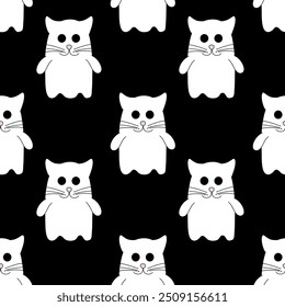 Seamless Pattern with Cute Halloween ghost in costume Cat. Holidays cartoon character on black background. Vector Flat Illustration.