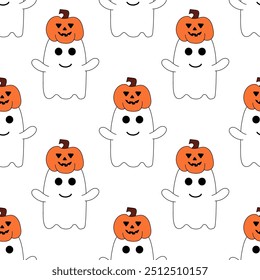 Seamless Pattern with Cute Halloween ghost with pumpkin. Holidays cartoon character on white background. Vector Flat Illustration.