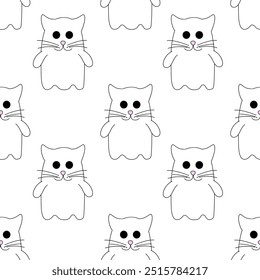 Seamless Pattern with Cute Halloween ghost in costume Cat. Holidays cartoon character on white background. Vector Flat Illustration.