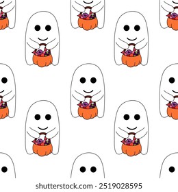 Seamless Pattern with Cute Halloween ghost holding pumpkin with candies. Holidays character background. Vector Flat Illustration.