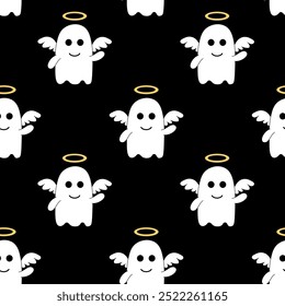 Patrón sin fisuras con lindo fantasma de Halloween en traje de ángel. Vector Ilustración plana.