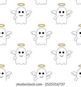 Seamless Pattern with Cute Halloween ghost in costume Angel. Vector Flat Illustration.