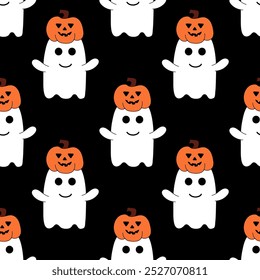 Seamless Pattern with Cute Halloween ghost with pumpkin. Holidays cartoon character on black background. Vector Flat Illustration.