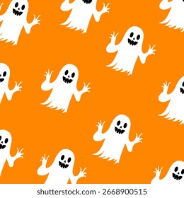 Seamless pattern with cute Halloween ghosts. Ghost on orange background. Cute pattern for wrapping paper, textile prints, wallpapers. Vector illustration.
