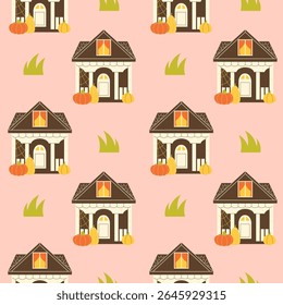 Seamless pattern with a cute Halloween house with pumpkins and cobwebs