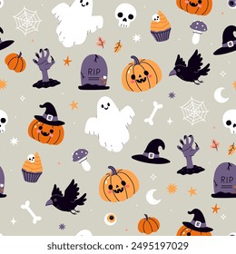 Patrón sin fisuras con lindos artículos de Halloween. Vector gráfico.