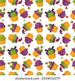 Seamless pattern with cute Halloween muffins or cupcakes. 
