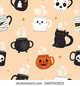 Seamless pattern with cute halloween mugs. Vector graphics