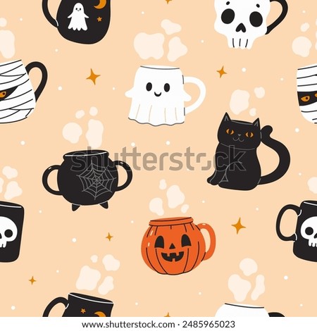 Seamless pattern with cute halloween mugs. Vector graphics