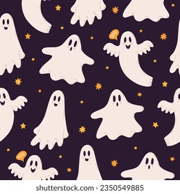 Seamless pattern with cute Halloween spooky ghosts. Vector background with funny ghostly monsters. Hand drawn scary Holiday characters.