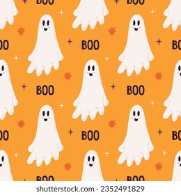 Seamless pattern with cute Halloween spooky ghosts. Vector background with funny ghostly monsters. Hand drawn scary Holiday characters.