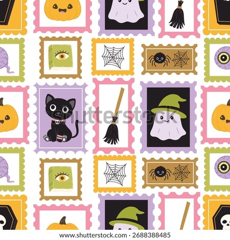 seamless pattern with cute halloween stamps featuring black cat, ghosts, pumpkins, spell book, grave and eyeball, cartoon background for holiday designs, print, textile
