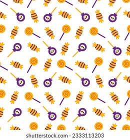 Seamless pattern with cute Halloween sweets candies lollipops.
