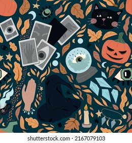 seamless pattern of cute Halloween symbols - black cat, eyes, witch hat, pumpkins, spider, fortune telling ball, cards, crystals, autumn leaves. illustration for wrapping paper, background, wallpaper