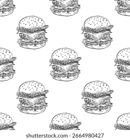 Nahtloses Muster mit süßem Hamburger in schwarzer Pinselstrichtextur einzeln auf Weiß. Handgezeichnete Vektorskizze in Vintage-Holzkohletinte. Burger-Textur, Umhüllungspapier, Menüdesign