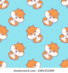 Seamless pattern with cute hamster lying on his back on bright blue background. Vector illustration. Funny cartoon rodent kawaii character. Kids collection