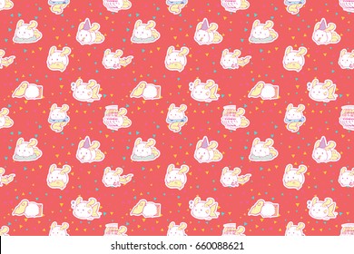 Seamless pattern cute hamster monster on small colored triangles background