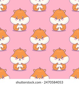 Seamless pattern with cute hamster on pink background. Vector illustration. Funny cartoon sitting rodent kawaii character. Kids collection.