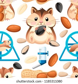 Seamless pattern. Cute hamster sit and holding a sunflower seed, and nut. Hamster cage, wheel and automatic drinker. Cartoon character design. Flat vector illustration on white background.