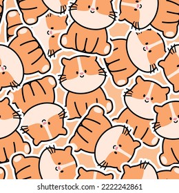 Nahtlose Muster des süßen Hamsters Sitzaufkleber Hintergrund.Pet Cartoon handgezeichnet.Animal Character design.Texture.Baby Shirt Screen.Kawaii.Vector.Illustration.