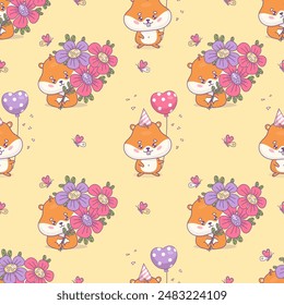 Seamless pattern with cute hamsters with flowers and in birthday cap with balloon. Holiday cartoon rodent kawaii character on yellow background. Vector illustration. Kids collection