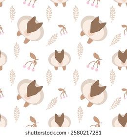 Seamless pattern with cute hamsters, yams, leaves. Forest background for tapestries, linen, clothes, wrapping paper. Funny animal illustrations isolated on light background.