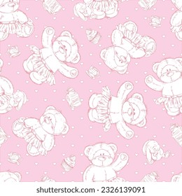Seamless pattern and cute hand draw teddy bears in skirts sketch style  vector illustration pink background  Decorative design for wrapping   packaging  repeat  cute nice toy