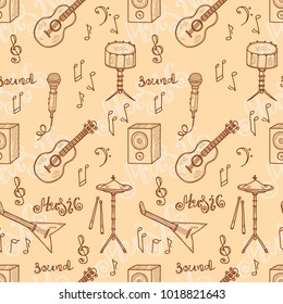 Seamless pattern with cute hand drawn musical instruments. Vector collection