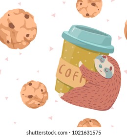 seamless pattern with cute hand drawn cartoon vector sloth with coffee cup and cookies. wrapping paper pattern
