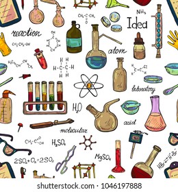Seamless pattern with cute hand drawn chemistry elements. Vector science cartoon collection