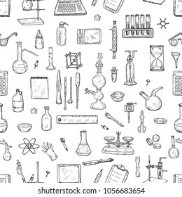 Seamless pattern with cute hand drawn chemistry elements. Vector science cartoon collection