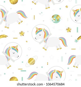 Seamless pattern with cute  hand drawn unicorns and planets. All elements are  hidden under mask. Pattern are not cropped and can be edited. Solar system, space, universe. Magic, dreams