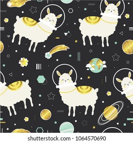 Seamless pattern with cute  hand drawn lamas and planets. All elements are  hidden under mask. Pattern are not cropped and can be edited. Solar system, space, universe. Animal.