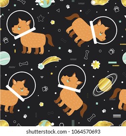 Seamless pattern with cute  hand drawn dogs and planets. All elements are  hidden under mask. Pattern are not cropped and can be edited. Solar system, space, universe. Pet, animal.
