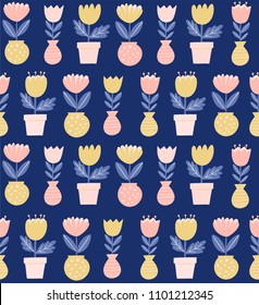 Seamless pattern with cute hand drawn flower pots and vases. Spring vector illustration in flat scandinavian style. Home plants.
