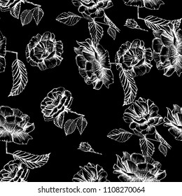 Seamless pattern cute hand drawn garden roses. Ink illustration white and dark background. Beautiful flower in your design. Vintage blossom decor.