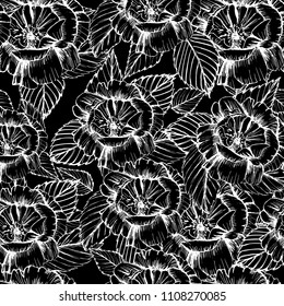 Seamless pattern cute hand drawn garden roses. Ink illustration white and dark background. Beautiful flower in your design. Vintage blossom decor.